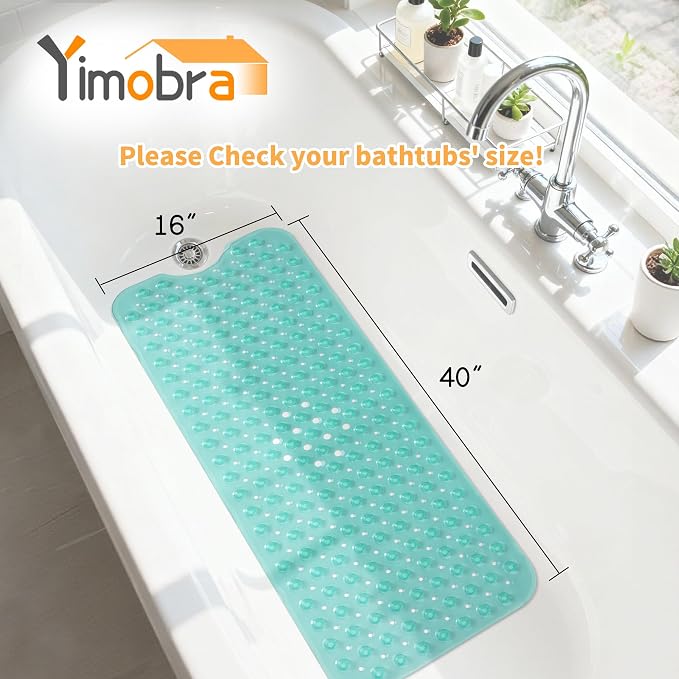 Yimobra Non Slip Bathtub Mat 40 x 16 Inch, Extra Long Shower Mat with Drain Holes, Machine Washable Baby Bath Mats, Strong Suction Cups for Bathroom Floor, Clear Green