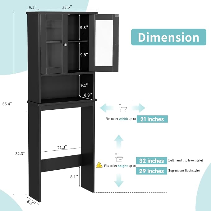 Shintenchi Over The Toilet Storage Cabinet, Bathroom Shelf Organizer with Anti-Tip Device Small Freestanding Space Saver with Adjustable Shelf and Glass Door, Black