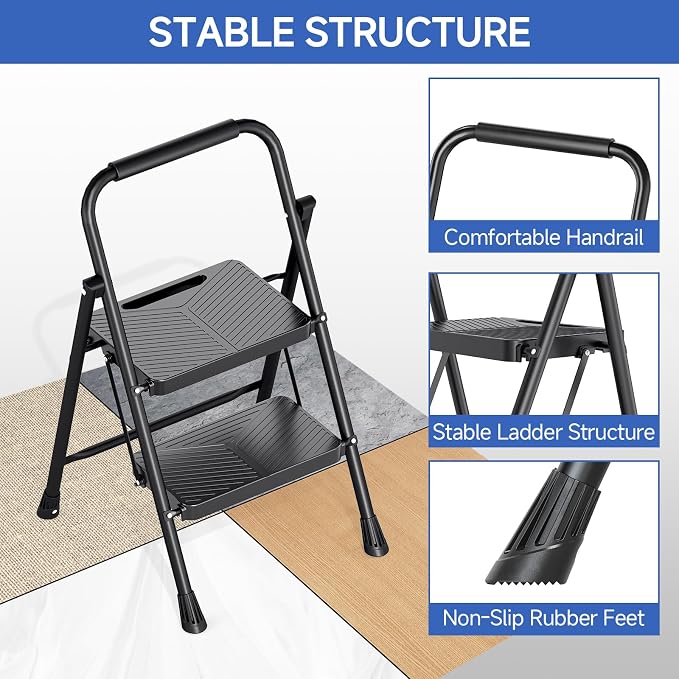 KINGRACK 2 Step Ladder, Folding Step Stool with Handrail, Safe-Lock Design and Wide Anti-Slip Pedals, 500 lbs Capacity Sturdy Steel Ladder for Home and Kitchen, Black