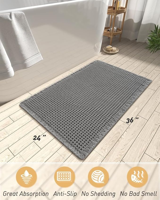 AMOAMI Upgraded Waffle Bath Mat, Super Absorbent Non Slip Bath Mats for Bathroom Floor, Washable Bathroom Rugs with Tassels, Rubber Backed Bathroom Mats, Ultra Soft, 24" x 36", Dark Grey