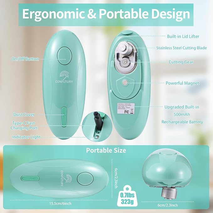 Can Opener Electric - Upgraded One-Touch Automatic, Smooth Edge, USB-C Rechargeable, Perfect for Seniors (Green)