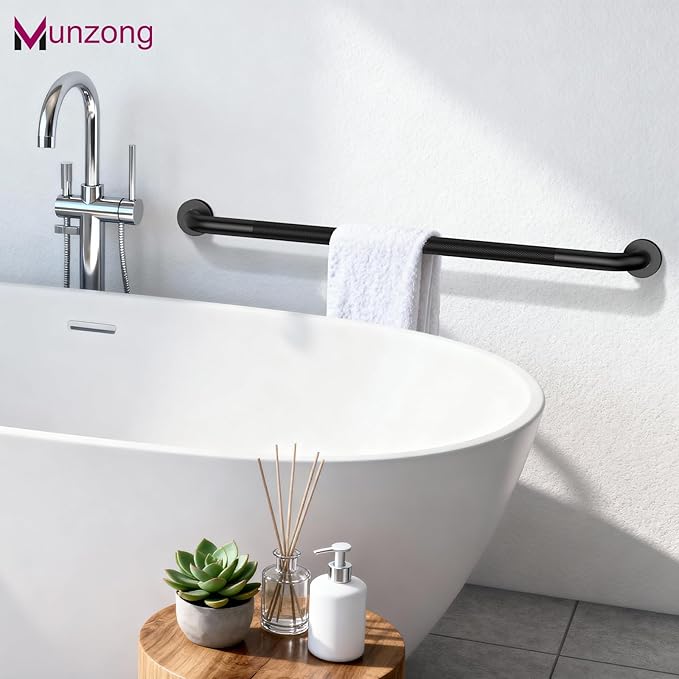 3 Pack Bathroom Grab Bar for Commercial, Munzong 18" 36" 42" Black Shower Grab Bar Bundle,1.25" Diameter Handicap Balance Bar,Anti Slip Safety Hand Rail for Elderly Injury Senior Assist Bath Handle