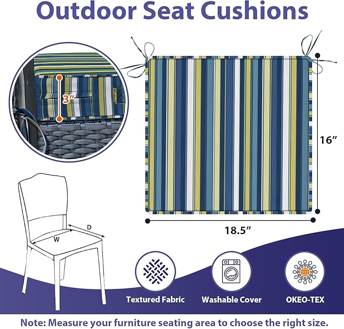 IPYNBAP Outdoor Chair Cushions Set of 4 -Waterproof Outdoor Seat Cushions for Patio Furniture, Patio Chair Cushion with Handle and Ties, Out Door Chair Pads,18.5x16x3-Square, Blue Stripe