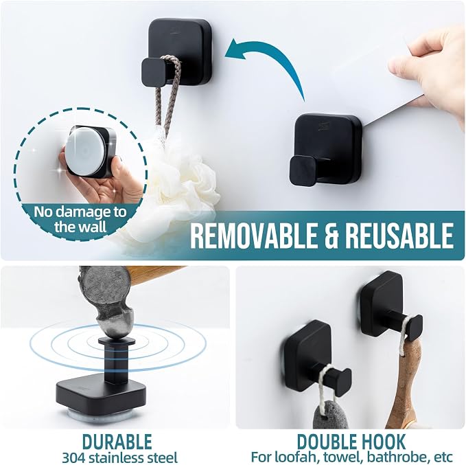 TAILI 304 Stainless Steel Bathroom Suction Hook for Towel, Loofah, Bathrobe, Patented Strong Suction Cup, Damage-Free Hanging Glass Shower Wall Hook, Hold Up to 11 Lbs, 2 Pack, Modern Square, Black