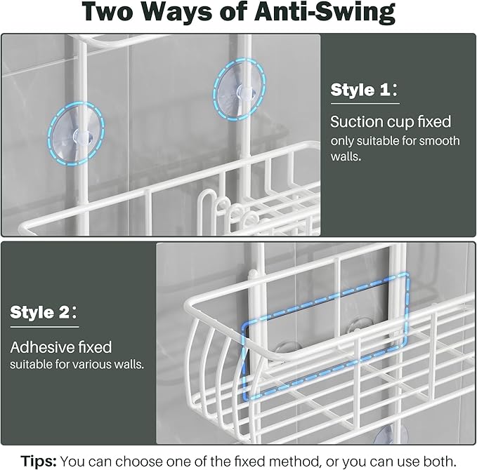 Epicano Shower Caddy Hanging Over Head, White,Stainless Steel | Rustproof,4 Hooks for Towels,Sponge and & Bathroom Accessories,Anti-Swing Suction Cups & Adhesive hooks