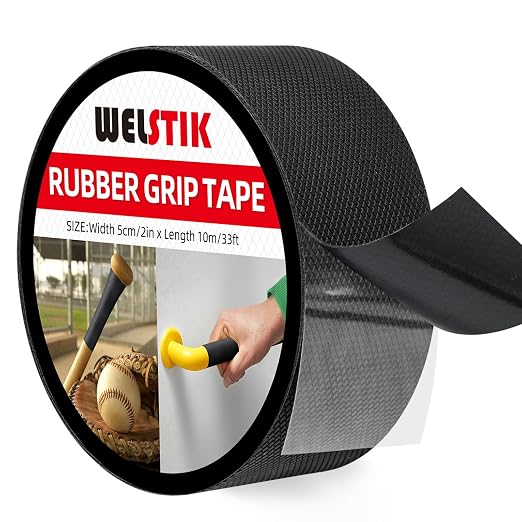 WELSTIK Rubber Grip Tape - Ultra Strong Sweat Absorbent Non-Slip Tape with Textured Adhesive - 2" x 33ft Heavy Duty Friction Tape for Tool Handles, Gym Gear, Stairs & DIY Gadgets (Black)