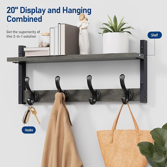 Tatub 20" Rustic Coat Rack Wall Mount with Shelf, Wall Hooks with Shelf, Heavy Duty Entryway Organizer Hangers for Hanging, Hat, Bag, Jacket for Bathroom, Living Room, Bedroom, Ebony