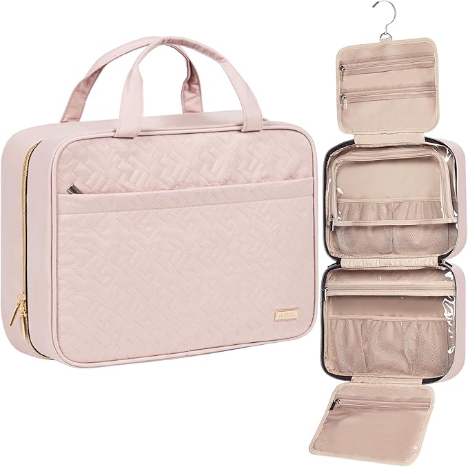 NISHEL Travel Toiletry Bag for women, Portable Hanging Organizer for Family-Sized Shampoo, Conditioner, Brushes Set, Makeup Accessories, Extra Large Size, Pink