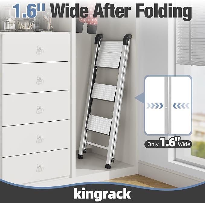 KINGRACK Aluminum Step Ladder, 3 Step Ladder Folding Design, Step Stool Foldable with Safe Grip, Non-Slip Handrails, Safety Lock, Heavy Duty 330LBS for Home, Kitchen, Garage, RV, Silver