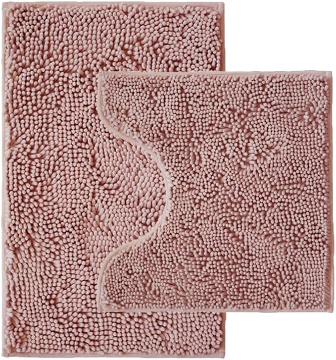 Bathroom Rugs Sets 2 Piece,Super Absorbent Chenille Bath Mats and U-Shaped Toilet Rug,Strong PVC Non Slip Backing,Microfiber Washable Dry Quickly Bath Mats for Bathroom(20"x32"+20"x20"U, Dusty Rose)