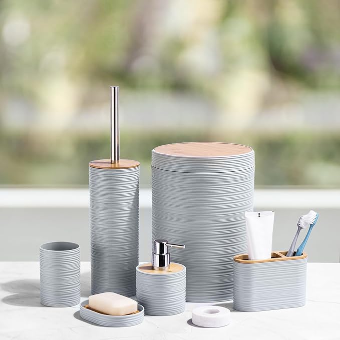 CERBIOR Bathroom Accessories Set 6 Piece Bamboo Bath Ensemble Includes Soap Dispenser, Toothbrush Holder, Toothbrush Cup, Soap Dish for Decorative Countertop and Housewarming Gift, Sriral Grey