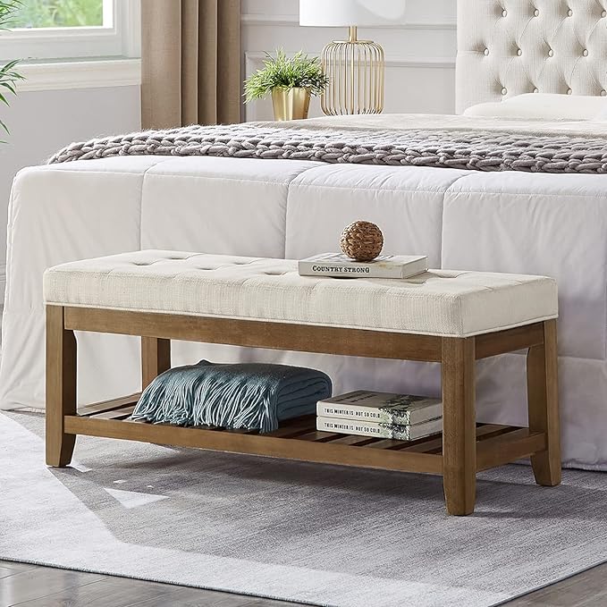 24KF Large Rectangular Upholstered Tufted Linen Ottoman Bench, Padded Bench with Solid Wood Shelf-Ivory