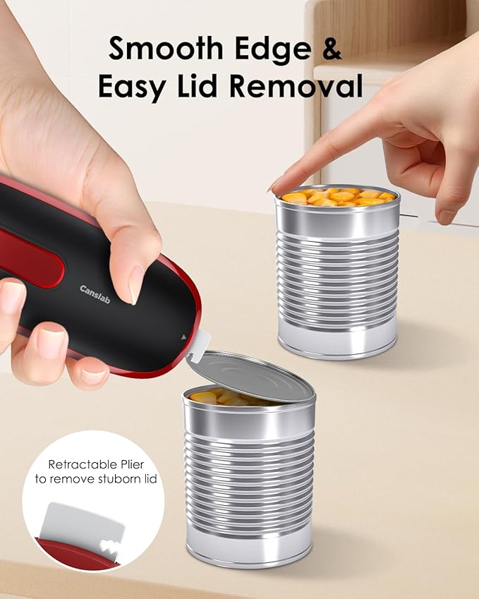 Canslab CORE Electric Can Opener_Single Touch Automatic Opener for Seniors with Arthritis, Auto Shut-off, Cordless Battery Powered, Side Cut, Smooth Edge, Handsfree for Small or Large Cans, Black+Red