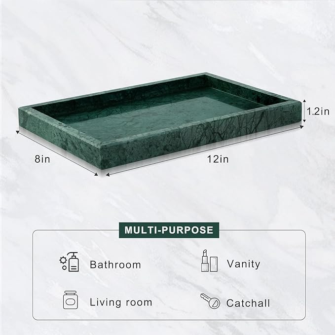 Marble Bathroom Tray for Countertop & Home Decor, Natural Decorative Marble Tray for Jewelry & Perfume Organizer, Luxury Stone Vanity Trays for Dresser, Kitchen Counter, 12" x 8", Green