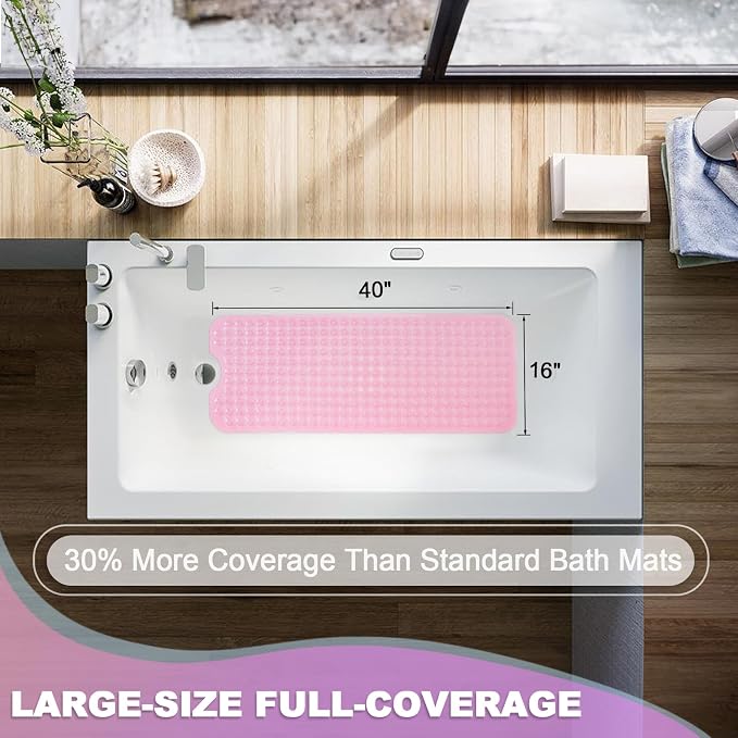 Bathtub and Shower Mats, 40x16 Inch Extra Large Non Slip Soft Bath Tub Mat with Suction Cups and Drain Holes for Bathroom Floor and Keep Tubs Clean, Machine Washable, Clear Pink