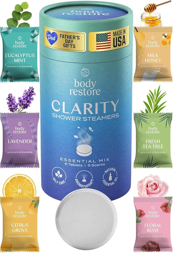Body Restore Shower Steamers Aromatherapy 6 Pack – Fathers Day Gift for Dad, Birthday Gifts for Women & Men, Spa Stress Relief & Relaxation Self Care Gifts – Premium Clarity Essential Oil Tablets