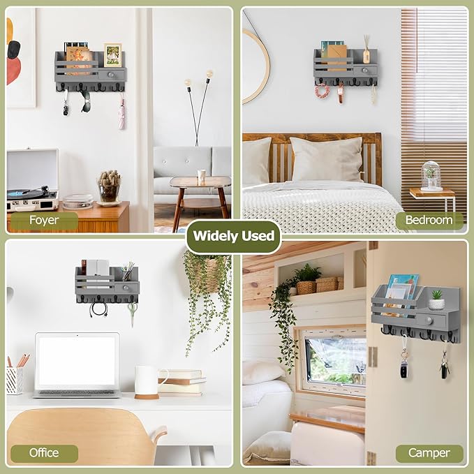 Key Holder Wall Mount, Wooden Adhesive Mail and Key Organizer with Drawer, Small Shelf, 8 Hooks, 2 Installation Methods, Gray
