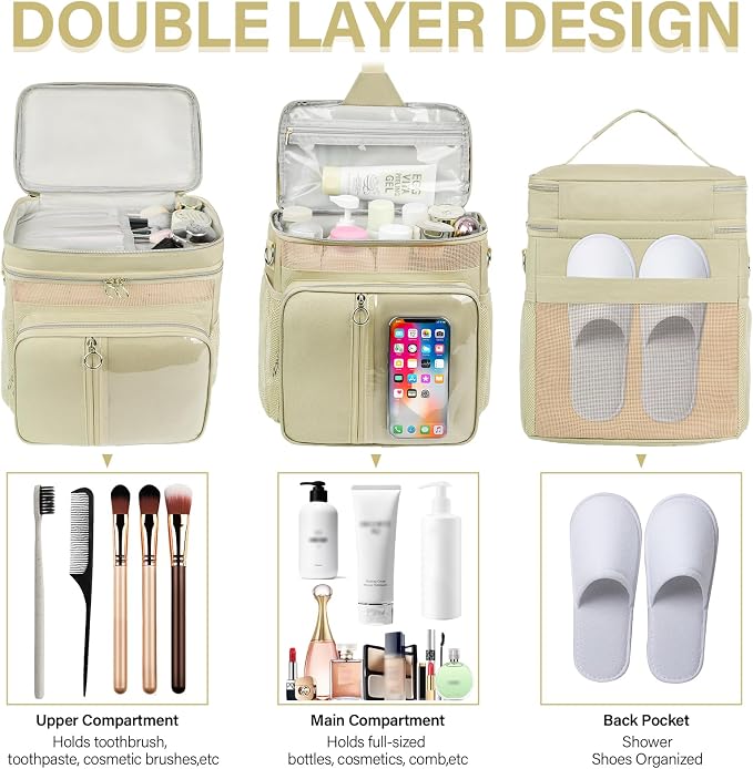 Portable Shower Caddy College Dorm Essentials, Large Toiletry Bag for Women Men, 2 Layers Quickly Dry Mesh Bathroom Tote Bag, Hanging Makeup Organizer Bag for Travel, Gym, Camping(Apricot)