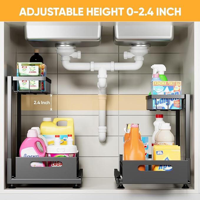 Saydear Under Sink Organizer Storage 2-Tier Premium Metal Pull-Out Kitchen Cabinet Organizer with Sliding Drawer, Height Adjustable, Heavy Duty for Kitchen & Bathroom Organizers 2 Pack Black