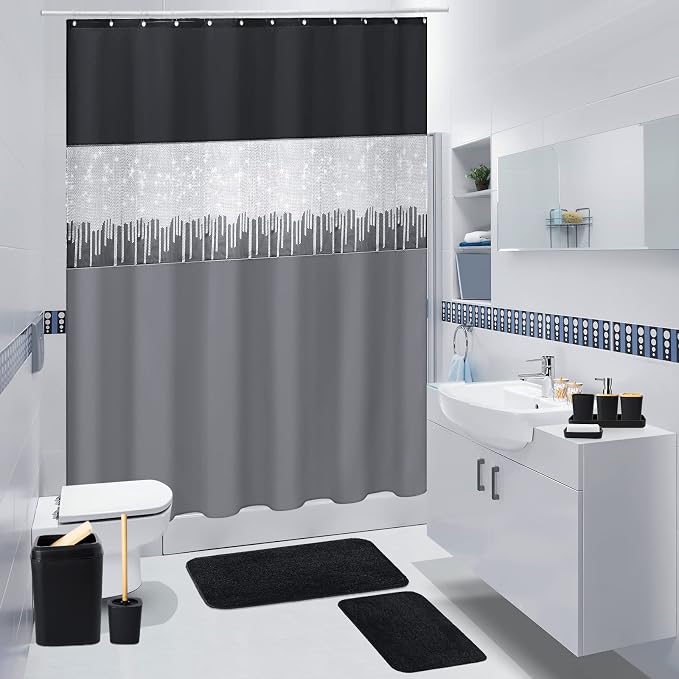 XLHOMO Bathroom Sets with Shower Curtain and Rugs,24PCS Black Bathroom Set Shower Curtain Set with Bathroom Trash Can Bathroom Accessories