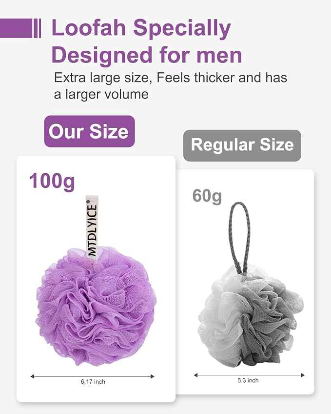 MTDLYICE Loofah Sponge, XXL Large Loofah 100g 4 Pack, Bath Sponge Soft Mesh Shower Loofah for Men, Body Scrub, Shower Pouf Bath Accessories, for Body Wash, Soap (Lavender)