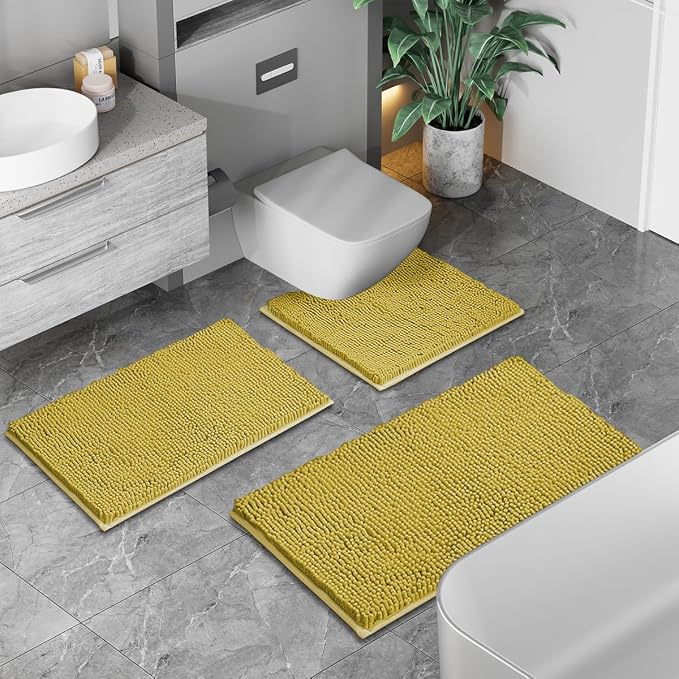 RUN HELIX Bathroom Rugs Sets 3pcs Extra Soft Chenille Mats Non Slip Bath Mat,Absorbent Shaggy Perfect Plush with U-Shaped Toilet Rug,Bathroom Carpets , Golden Yellow, 16〞x24〞&20〞x32〞&20〞x20〞U Shape