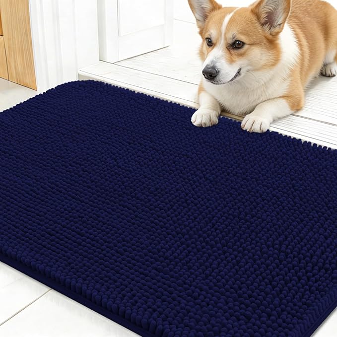 OLANLY Dog Door Mat for Muddy Paws 30x17, Absorbs Moisture and Dirt, Absorbent Non-Slip Washable Doormat, Quick Dry Chenille Mud Mat for Dogs, Entry Indoor Entryway Carpet for Inside Floor, Navy Blue