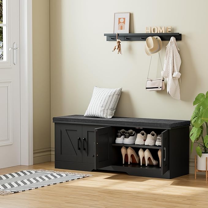 HOMSHO 2-Tier Storage Bench, 47.2" Wide Shoe Bench with Padded Seat Cushion, Entryway Bench with 4 Barn Doors and Adjustable Shelf, Black