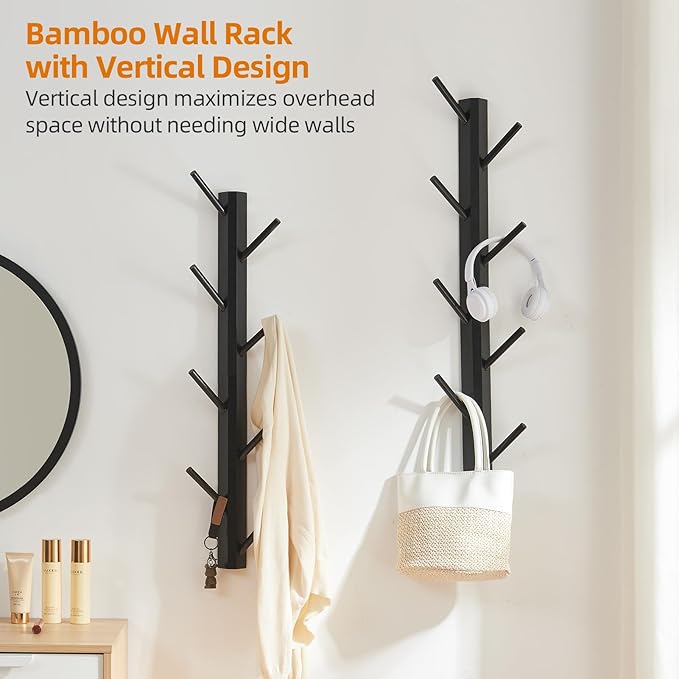 TIOPGHAD 2 Pack Coat Rack Vertical Wall Mount, Bamboo Coats Hooks Clothes Holder Hanger for Wall Coat Hat Jacket Clothing Bathroom Robes Mudroom Entryway(Black)