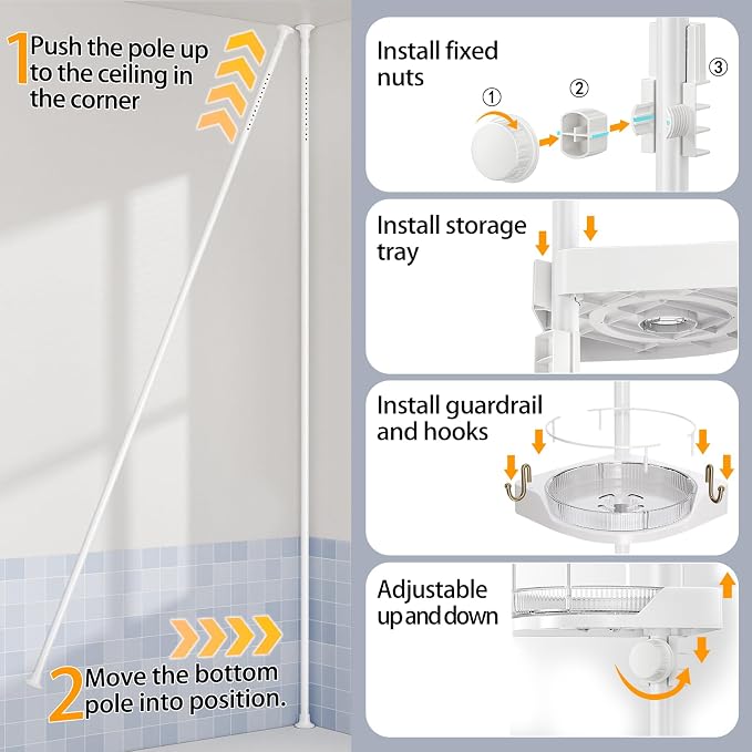 shuang qing 360° Rotating Corner Shower Caddy Tension Pole Organizer - 4-Tier Adjustable Rustproof Metal Pole, Plastic Shelves with Safety Guardrail, Bathroom Storage for Shower & Bathtub(White)