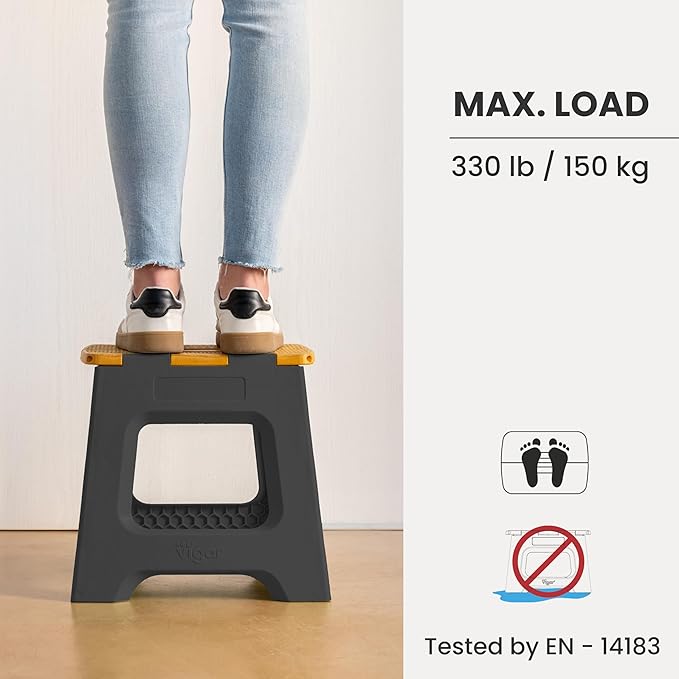 Vigar Compact Folding Step Stool - 12-1/2 Inch Foldable Step Stool for Adults, Lightweight Portable Stool with Handle, Non Slip Step Stool, Space-Saving Stool up to 330 lb - Black, Bamboo Print Top