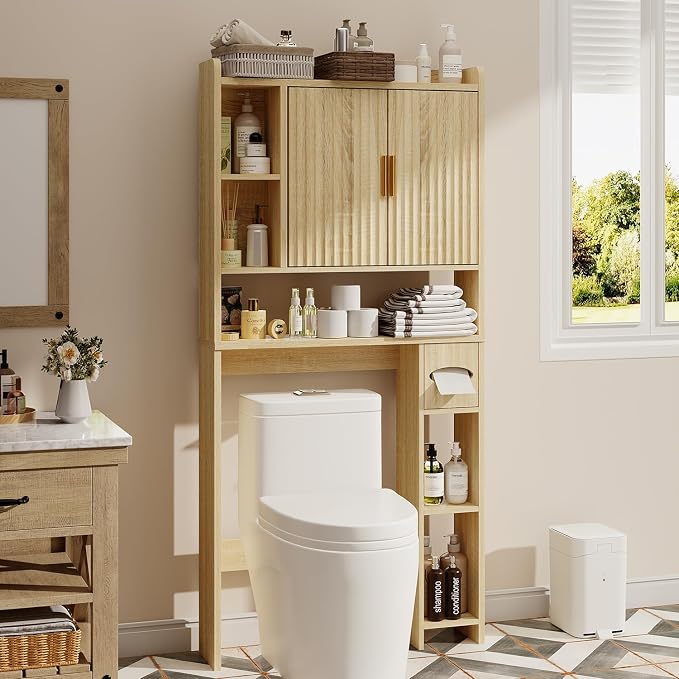knoworld Fluted Over The Toilet Storage Cabinet, Above Toilet Bathroom Organizer with Toilet Paper Holder, Modern Behind Toilet Cabinet, Space Saver for Restroom, Bathroom, Laundry, Natural Oak