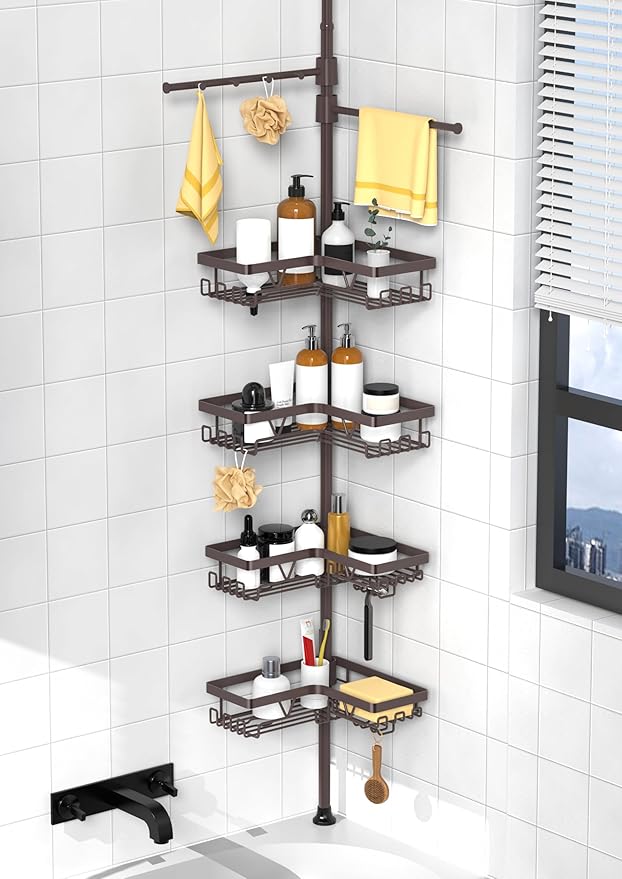 KEGII Shower Caddy Tension Pole with 2 Towel Bars, Adjustable Corner Bathroom Organizer, Rustproof Bathtub Storage Shelves for Shampoo, 25–114.2 Inch Shower Corner Rack for Renters & Family, Bronze
