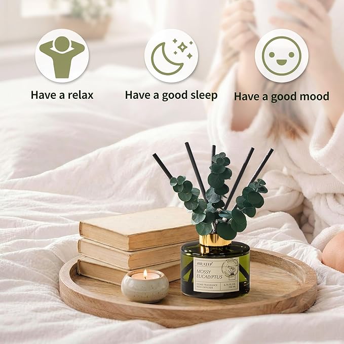 Airkeep Reed Diffuser Set with 6.76 fl oz Moss Eucalyptus Scent Essential Oils and 3 Leaves & 8 Diffuser Sticks,Bathroom Shelf Decor & Air Freshener, House Bedroom Office Decor & Gifts