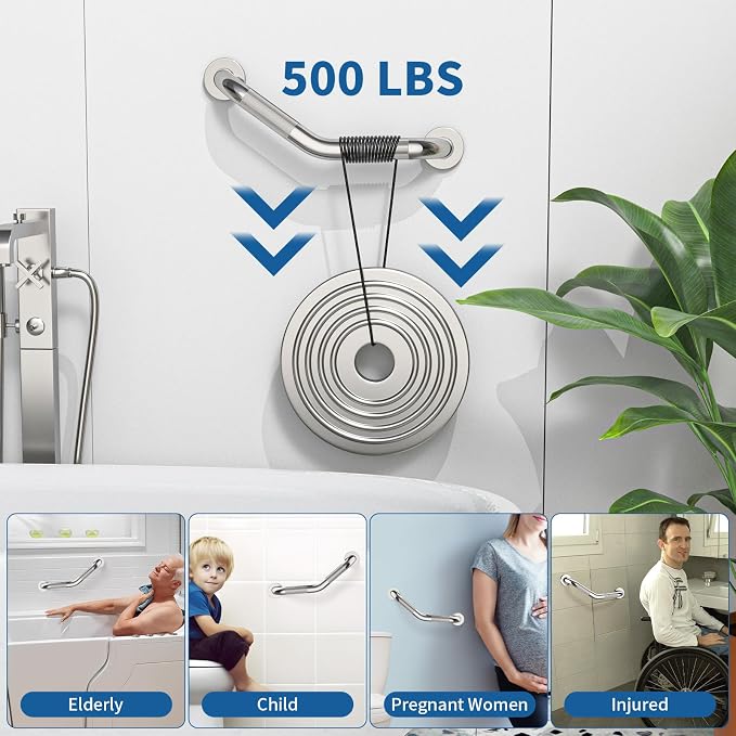 16 Inch Angled Shower Grab Bar, Munzong Anti Slip Satin Brushed Nickel Bathroom Grab Bar, Knurled Bathroom Balance Bar,Safety Hand Rail Support Handicap Elderly Injury Senior Assist Bath Handle