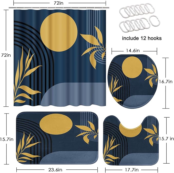 Boho Mid Century Shower Curtain Set with Toilet Lid Cover and Non-Slip Rugs, Abstract Geometric Dark Blue 4 Pcs Modern Minimalist Shower Curtain for Bathroom Set with 12 Hooks