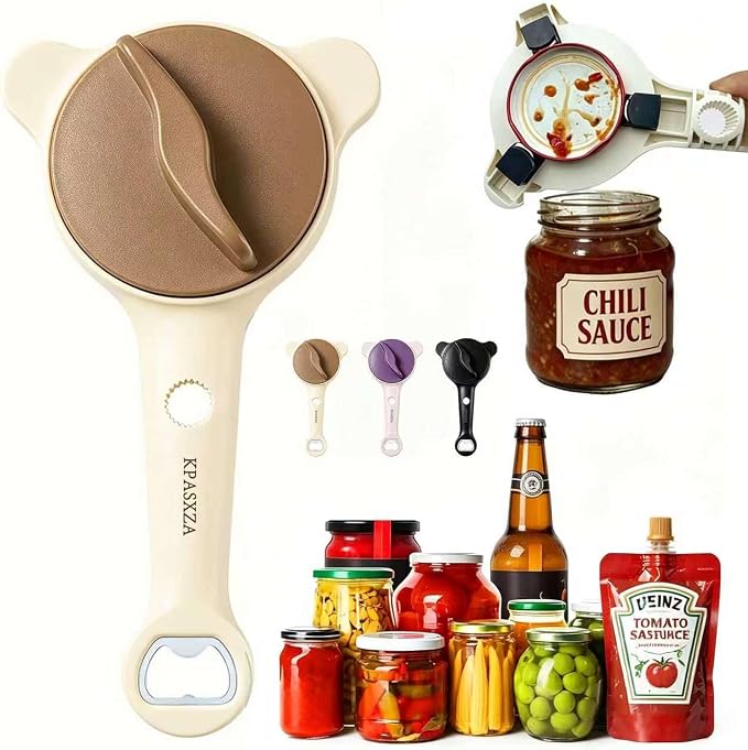 Jar Opener for Weak Hands,4 in 1 Multi-Purpose Jar Openers,Adjustable Jar Opener,Multi-Functional Bottle Openers with Non-Slip Grip for Wine Bottle,Perfect for Arthritis and Weak Hands (Beige)