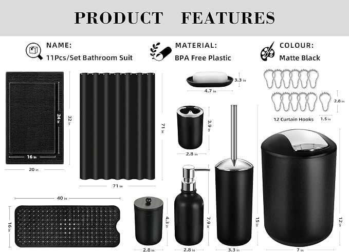 Black Bathroom Accessories Set, 23Pcs Bath Accessory Sets Complete with Bathtub Mat, Shower Curtain Set with Hooks, Soap Dispenser, Toothbrush Holder, Qtip Holder, Trash Can, Toilet Brush