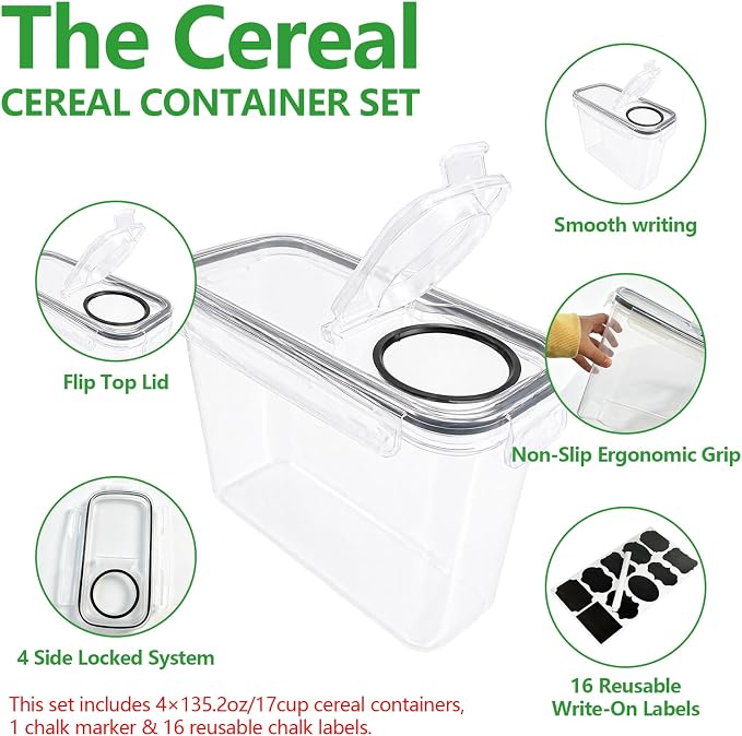 4 Pack 4L/135oz Cereal Storage Containers, Airtight BPA Free Plastic Cereal Dispenser with Lids, Large Dry Food Storage Canister for Pantry, Rice, Flour, Sugar, Pasta