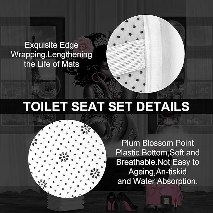 4Pcs African American Shower Curtain Sets with Rugs, Black Girl Shower Curtain for Bathroom Decor Sets with Paris Eiffel Tower Art Pattern, Grey Waterproof juego de baño, with 12 PCS Hooks