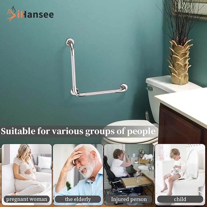 L-Shaped Angled Grab Bar 16x16 Inch Chrome Anti-slip Knurled Shower Handle Wall Mount, Stainless Steel Shower Bars Safety for Seniors Injured Balance Support, Handicap Grab Bars for Bathtubs & Showers