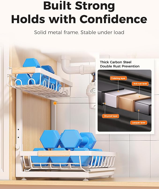 Sevenblue 3 Pack Under Sink Organizer, Height Adjustable 2 Tier Pull-Out Metal Under Kitchen Sink Organizer, Multi-Purpose Storage Shelves for Kitchen Bathroom Cabinet, White