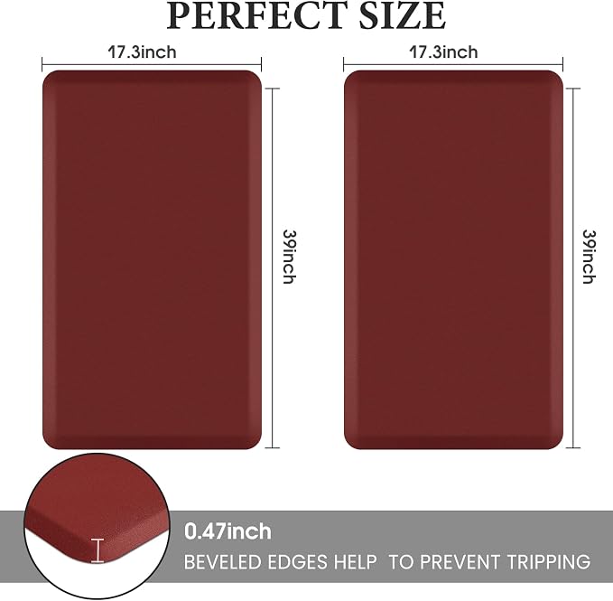HappyTrends 2 PCS Kitchen Mat Cushioned Anti-Fatigue Floor Mat, Heavy Duty Ergonomic Comfort Foam Standing Mat, Waterproof Non-Slip Kitchen Rugs for Home, Office(17.3"x39"+17.3"x39",Red)