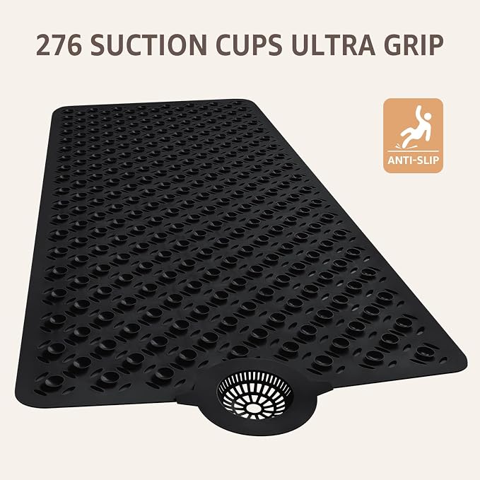 OTHWAY Bath Mat for Tub Non Slip: 39" X 17" Long Bathtub Mat with Hair Catcher│Big Drain Holes Shower Mats for Inside Shower│Machine Washable (Black)