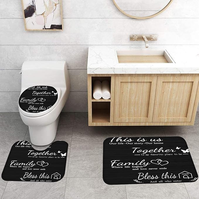 4Pcs Family Shower Curtain Sets with Non-Slip Rugs, Toilet Lid Cover and Bath Mat, Black Home Bathroom Decor Set Accessories Waterproof Shower Curtains with 12 Hooks, 72 x 72 Inch