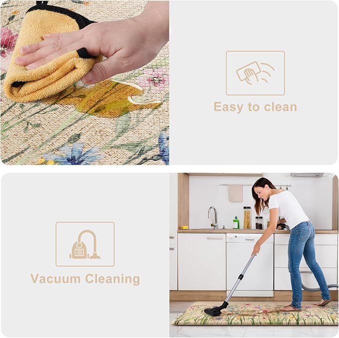 KIMODE Anti Fatigue Mats for Kitchen Floor 17"x59"+17"x29", Farmhouse Floral Kitchen Rugs, Cushioned Memory Foam Kitchen Mats, Comfort Standing Mat for Laundry, Office, Sink, Desk Brown