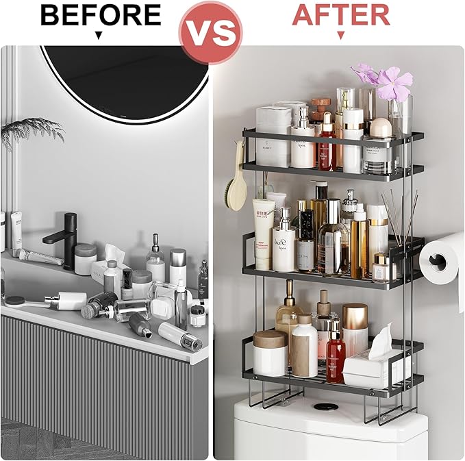 Godboat Bathroom Organizers and Storage, 3-Tier Wall Shelves, Over Toilet Rack with Paper Holder and 2 Hooks, Floating Shelf & Accessories, Gifts for Women, Mom, Mothers Day (Black)