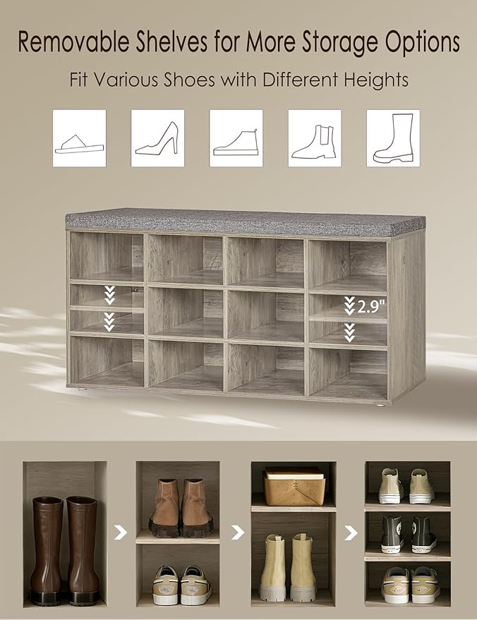 DINZI LVJ Shoe Bench, 12 Cubbies Shoe Organizer for Entryway, Storage Bench with Cushion, Cubby Shoe Rack with Adjustable Shelves for Living Room, Bedroom, Mudroom, Hallway, Gray Wash