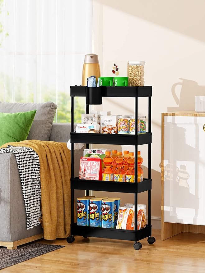 LEHOM Slim Rolling Storage Cart - 4 Tiers Bathroom Organizer Utility Cart Slide Out Storage Shelves Mobile Shelving Unit for Kitchen, Bedroom, Office, Laundry Room, Small Narrow Spaces（7.1" W+Black）