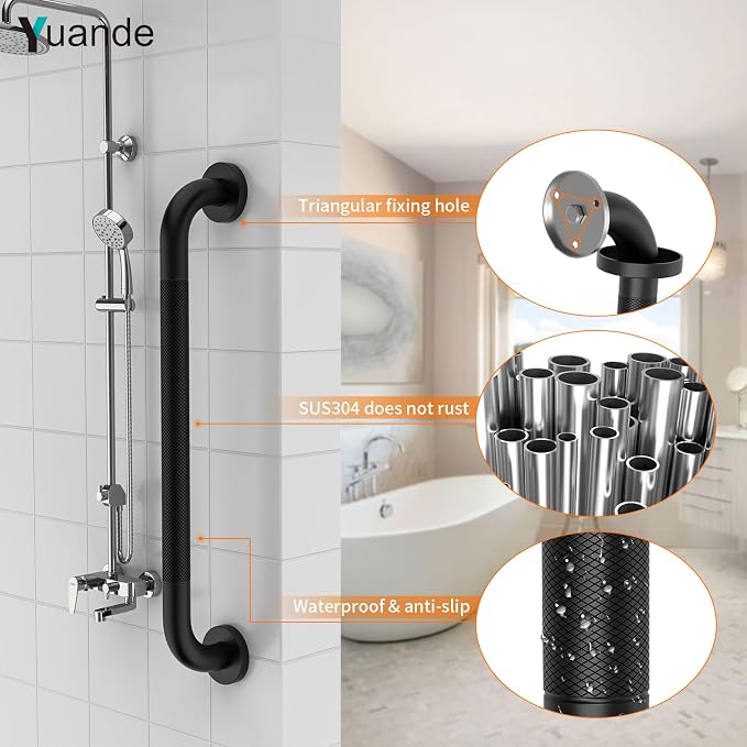 24 Inch Shower Grab Bars for Bathtubs,Black Stainless Steel Bath Grab Bar, Knurled Bathroom Safety Rail, Shower Handrail Support, Handicap Elderly Senior Balance Assist Handles